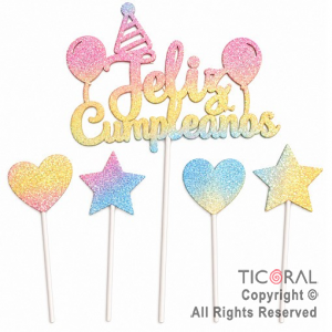 CAKE TOPPER FELIZ CUMPLEA�OS CON ESTRELLAS Y CORAZONES GIBRE MULTICOLOR
